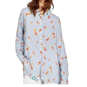 Zara Oversized Goldfish Striped Button Down Top Small Blue White